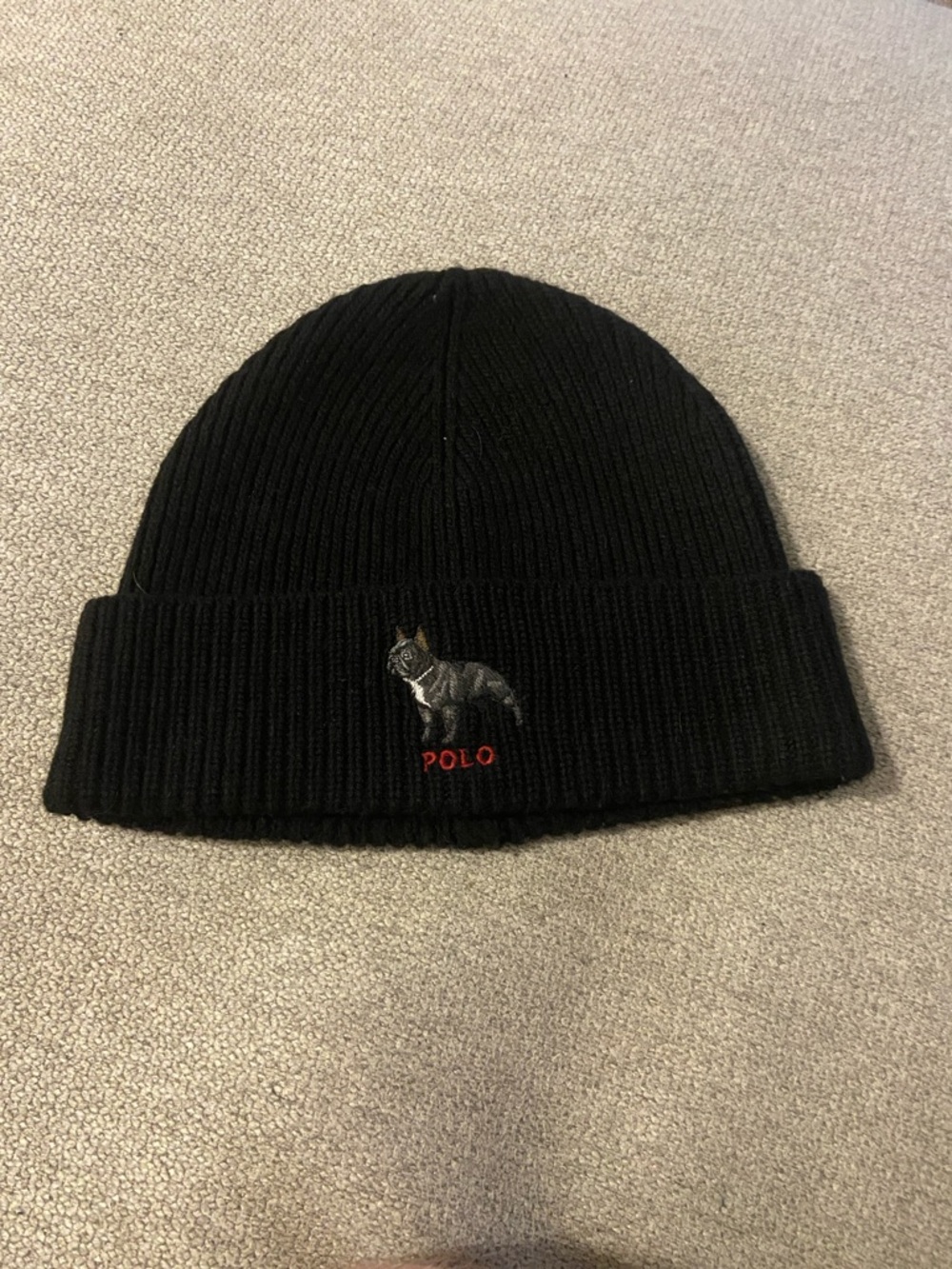 POLO Black Knit Beanie with Embroidered French Bulldog EUC